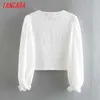 Tangada Women Retro Embroidery Romantic Blouse Shirt Long Sleeve French Style Chic Female Shirt Tops CE106 210609
