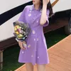 PEUT-ÊTRE U Petites Marguerites Violet Noir Col Rabattu À Manches Courtes Daisy Broderie Florale Tricot Mini Robe D'été D2685 210529