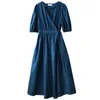 Summer Puff Sleeve Blue White Dress Women's Korean Retro High Waist Hepburn V-neck Shirt 210607