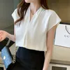 Black White Shirt Female Summer Satin Korean V-neck Blouse Chic OL Style Formal Chiffon Top s Plus Size 210601