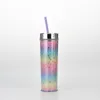 Gobelet skinny de 16oz, double couche en plastique, tasse de paille, fête d'été, arc-en-ciel dégradé, bouteille droite à paillettes pour filles et femmes