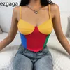 Ezdgaga Sexy Camisole Kobiety Kontrast Patchwork Crop Tank Tops Multicolor Gorset Top Backless Base Short Y2K Clubwear Moda 210430