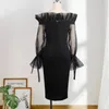 2XL Artı Boyutu Kadın Elbiseler Siyah Örgü Patchwork Uzun Fener Kol Diz Boyu Kılıf Moda Akşam Parti Olay Robes 210527