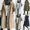 Mulheres Outono Color Sólido Bolso Com Capuz Windbreaker Long Trench Revestimento Outerwear Roupas Femininas Femme Veste 210914