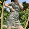 harajuku hög midja split kort kjol Streetwear tartan grönt tryck blå kvinnor A-line Saia Womens Plaid Mini 210520