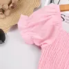 Pure Color Party Girls Dress Children's Clothing Summer Short-sleeve Lace Pink Princess 210515