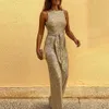 Kobiety Eleganckie Bez Rękawów Cekiny Glitter Błyszczący Kombinezon Spodnie Szerokie Nogi Spodnie Sexy Slim Fit Backless Romper Kombinezony 210428