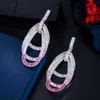 Luxe Multiple Rond Rose Rouge Cubique Zircon Long Grand Géométrique Goutte Boucles D'oreilles Femme De Mariage De Bal Bijoux CZ801 210714