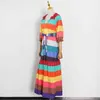 女性Vネックランタンハーフスリーブハイウエストミディドレス女性夏ファッションスタイル210520のためのカジュアルな縞模様のドレス