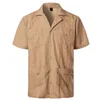 Broderi Floral Patchwork Shirts för män Casual Multi-Pocket s Kortärmad skjorta Kubansk Camp Guayabera Etnisk Kläder 210721