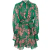 우아한 활 긴 소매 녹색 꽃 무늬 프린트 드레스 여성 가을 ​​활주로 디자이너 빈티지 미니 여자 드레스 쉬폰