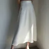 Vintage kvinnor a-line vit kjol hög midja sommar lång ren färg satin maxi kjolar saia faldas jupe femme