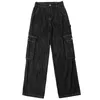 Duże kieszonkowe dżinsy wiosna damska wysoka wiat vintage prany stały kolor luźne proste dżinsy spodnie ładunkowe 5a134 210427