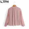 Doce fresco chiffon camisa rosa fina manga longa v-pescoço de lace-up metal corte flores vintage blusas para mulheres verão 210427