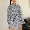 Streetwear zomer vrouwen chique mode gestreept met riem blouse femme elegante casual lange mouw dame shirt tops Koreaanse Blusas 210514