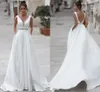 Col en V A-ligne Sequin Ceinture Blanc Satin Style Simple Robe De Mariée avec Poche Boutonné Robe De Mariée robe de mariée bohème robe noiva curto 2022