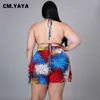 CM.YAYA Frauen Plus Größe Set Print Bandage Halter Bh Tops Dünne Shorts Zwei 2 Stück Sets Sexy Nacht Clubwear Sommer outfits 2021 X0709
