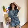 Décontracté coréen été rayé Chic Vintage tout match vêtements de nuit lâche rétro manches courtes Homewear pyjamas ensembles 210525