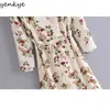 Vintage Prairie Chic Floral Print Wrap Long Maxi Dress Mujeres Cross V Neck Fajas A-line Chiffon Summer Robe 210514