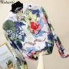 Vintage fleur imprimé Blouse col rabattu à manches longues chemises à la mode vêtements amples femmes coréen hauts 91106 210519