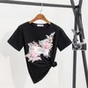 Women Summer O-Neck Short Sleeve Bird Letter print Beading 3D Flower Embroidery Cotton Tshirt 210529