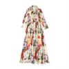 Herfst Romantische Floral Holiday Maxi Jurk Robe Vrouwen Lange Mouw Bloem Print Sashes Geplooid Chiffon Lange Jurk + Sjaal 210514