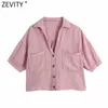 Zevity Women Fashion Candy Färg Dubbelfickor Lös linne Smock Blus Lady Knappar Kort Skjorta Chic Kimono Blusas Tops LS9390 210603