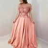 2022 Scoop A-Linie Lange Brautjungfern-Abschlussballkleider Bodenlangen Blumen-Spitze-Applikationen Kristall-Satin-Abendkleider Vestidos de Fiesta de Noche BC10785