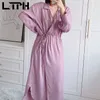 Mittellanges rosa Hemdkleid für Damen, Kordelzug, Schnürung, Vintage-Satin-Kleider, lange Ärmel, elegante Robe mit großem Saum, Frühling 210427