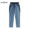LIH HUA Jeans casual taglie forti da donna Pantaloni in denim sottile intrecciato in cotone ad alta flessibilità Ammorbidente con vita elastica 211129