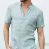 High Quality 2021 New Men's Linen V Neck Bandage T shirts Male Solid Color Long Sleeves Casual Cotton Linen Tshirt Tops M-3XL Y0809