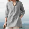 Womens Shirt Cotton Linen V Neck Blouse Solid Pocket Shirts Casual 3/4 Sleeve Autumn Loose Blouses Female Tunic Tops 210721