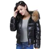 Large Real Raccon Fur Hooded Waterproof Winter Puffer Jacket Women Slim 90% Duck Down Coat Short Shiny Female Feather Down Parka 211023