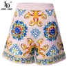 LD Linda Della Fashion Designer Summer Shorts élégants Femmes Taille haute Perles Floral Print Vintage 210621