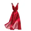 Sommar sexig polka dot spaghetti strap klänning a-line v-nacke ärmlös hög midja mittkalv dam klänning 210521
