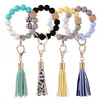 Силиконовый брелок для ключей с кисточками, деревянные бусины, браслет, брелок для женщин, разноцветные бусины, брелок, модный брелок, оптовая продажа G1019