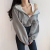 Dragkedja upp hoodies Kvinnor estetiska fickor Solida Sweatshirts Långärmad Beskära Top Baggy Hooded Hoodie Sweat Shirts Loose Clothes 210805