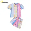 0-24M Summer Toddler Born Baby Girls Vêtements rayés Ensemble Rainbow T-shirt Bow Shorts Tenues Costumes 210515
