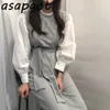 Casual Automne Coréen Chic Couture Faux Deux Pièces Lâche Bulle À Manches Longues À Lacets Taille Bandage Robe Femme Midi Rétro 210610