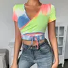 Summer Woman Fashion Koszulki Tie-barwnik Drukowane Koszula Koszula Kobiety Skinny Sexy V-Neck Kobiet Crop Top Youther Lightly Top 210422