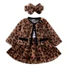 2021 Vinter Barnkläder Satser Toddler Kid Baby Girls Leopard Warm Full Sleeve Top Coat Patchwork Letter Knä-längd Klänning Headband Set 3pcs 3m-3y