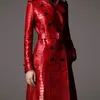 Lautaro outono longo vermelho impressão couro trench coat para mulheres cinto duplo breasted elegante estilo britânico moda 210929