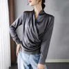 Luxury 100% Real Silk Blouses Women Spring Designers Long Sleeve Cross V Neck Solid Office Shirts Femininos Blusas Casual Tops 210601