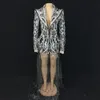 Diamond Blazers Women Stage Wear Elegant Stylish Printed Rhinestones Mesh Tailing Slim Coat Bar Singer Star Evening Party Catwalk Costume Birthday Crystal Dress