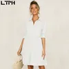 Venda Especial Primavera Moda Mulheres Camisa Vestido de Manga Longa Único Breasted Sólido Elegante Casual Tecido Grande Bem Vestidos 210427