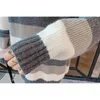 Women Sweater Knitted Turtleneck Beige Khaki Brown Gray Pullovers Stripped Loose Winter M0142 210514