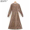Zevity Mulheres Vintage Cross V Neck Totem Flor Impressão Lace Up Kimono Midi Dress Femme Manga Longa Casual Slim Vestido DS4927 210603