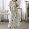 Korejpaaの女性のドレス夏の韓国のシックなレトロなラウンドネックルーズフィッティングカジュアルミッドリネットバブルスリーブデイジーvestido 210526
