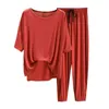 Pijamas Mulheres Pijamas Verão Modal Casa Suits Feminino Plus Size T-shirt + Calças Soltas 2 Partes Set Tracksuits 211109