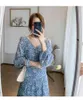 Mulheres Blue Lanterna Sleeve Sexy V Neck Authmn Elegante Lace Flor Bordado Femme Vintage Maxi Vestidos de Partido Vestidos 210514